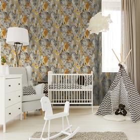 Child room with white furniture, carpet, tent and wall sticker